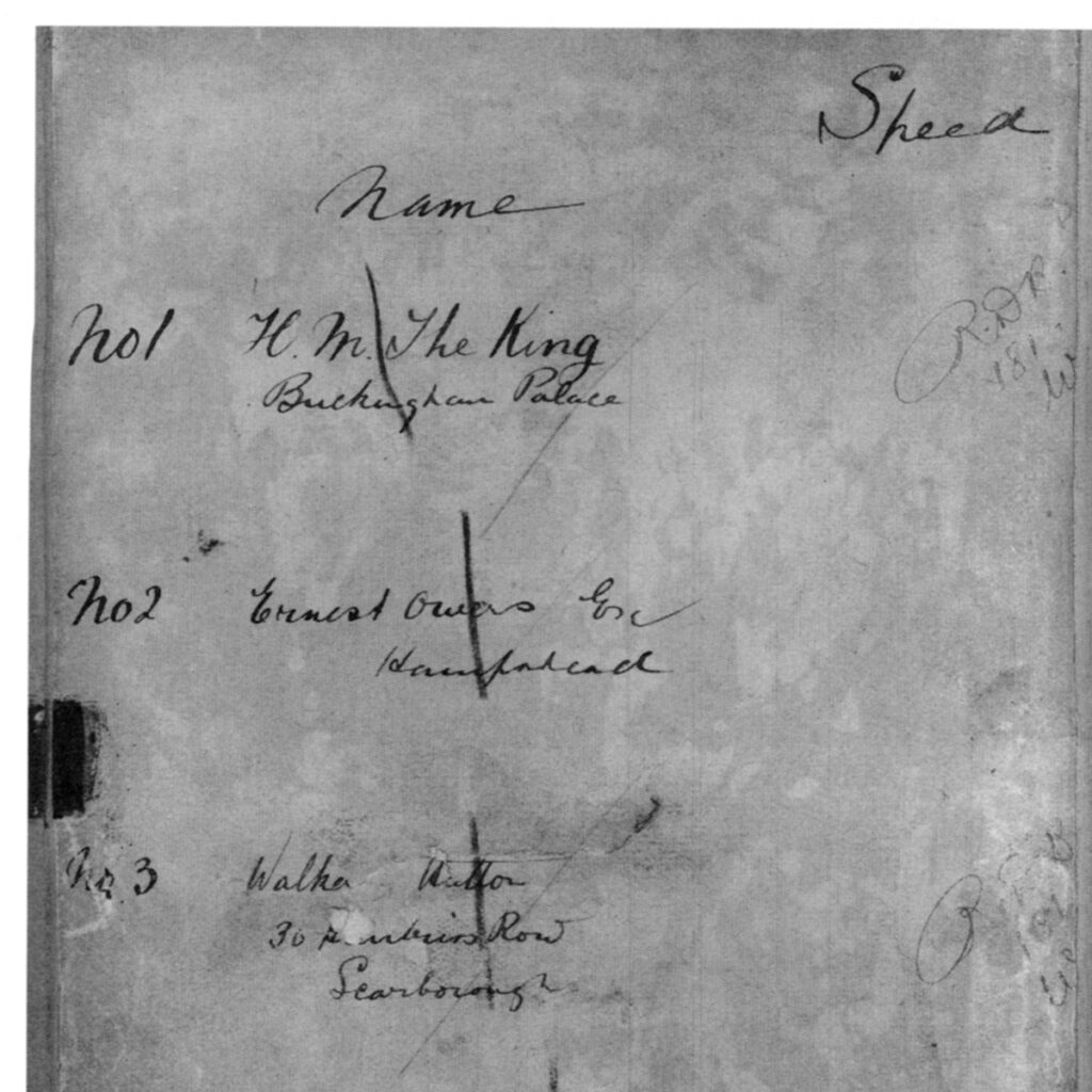 SMITHS ledger showing the order for King Edward VII's speedometer