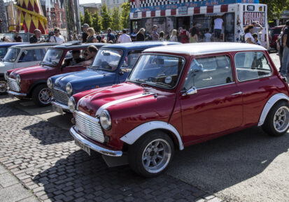 Classic Mini cars on display in Cardiff Bay